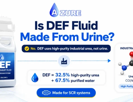 DEF container and industrial urea molecule explaining that Diesel Exhaust Fluid is made from high-purity urea and purified water, not urine.
