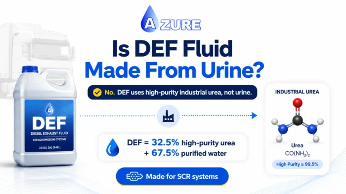 DEF container and industrial urea molecule explaining that Diesel Exhaust Fluid is made from high-purity urea and purified water, not urine.