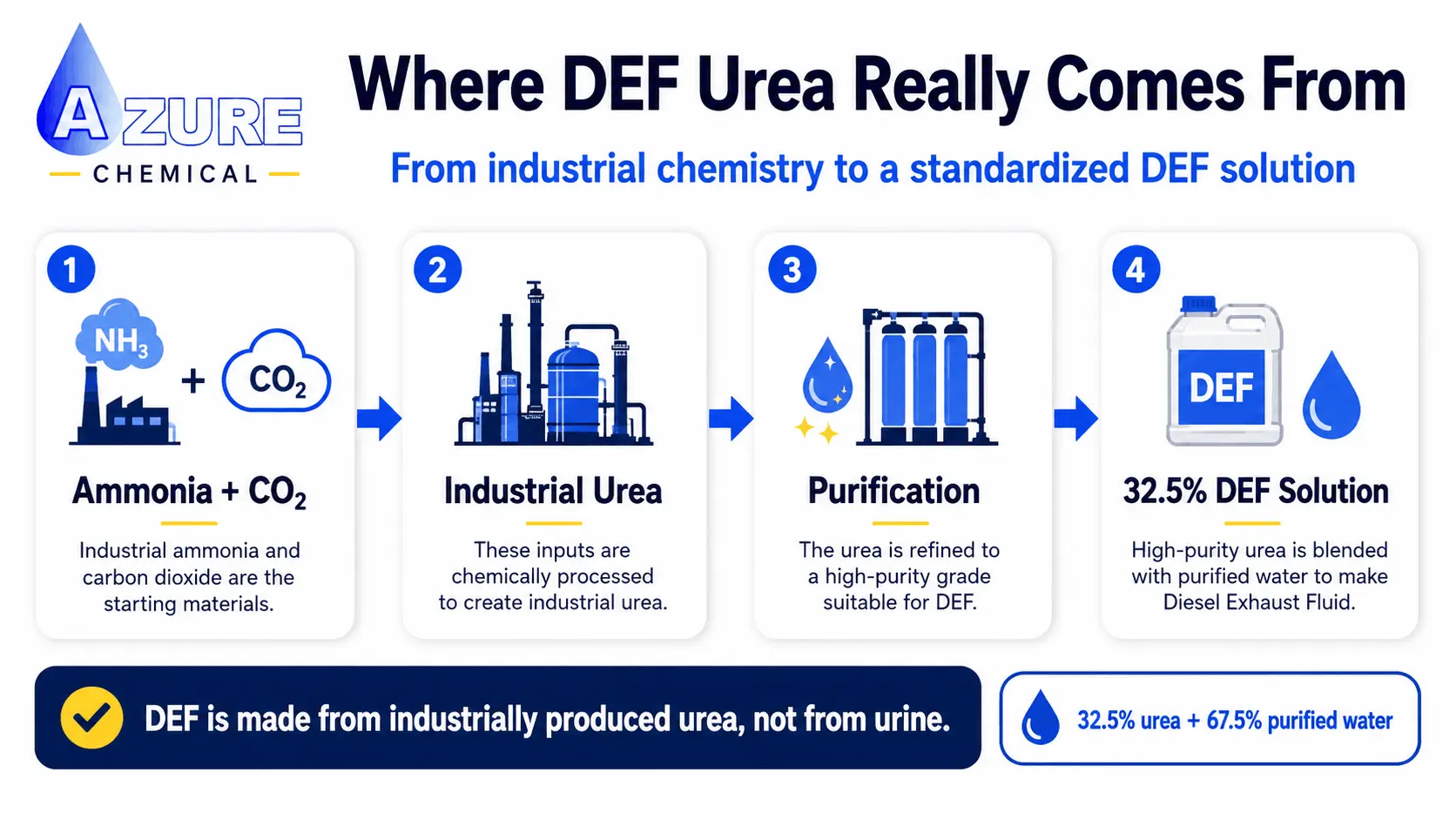 Infographic showing ammonia and carbon dioxide being processed into industrial urea, purified, and blended into a 32.5% DEF solution.