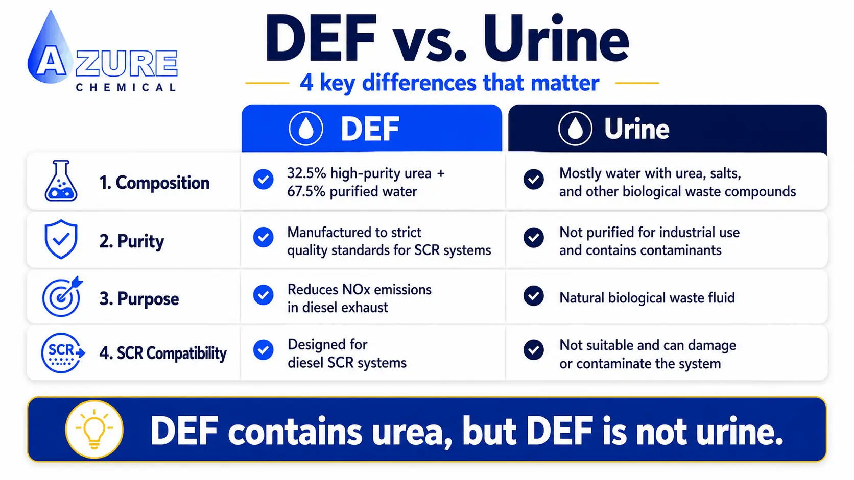 Infographic comparing DEF and urine by composition, purity, purpose, and compatibility with diesel SCR emissions systems.