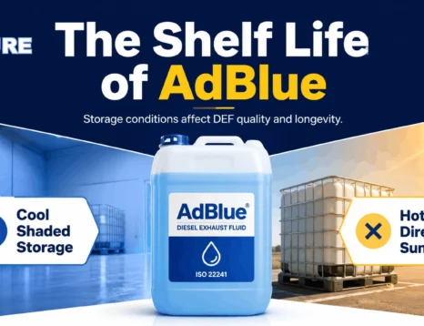 AdBlue DEF container shown between cool shaded storage and hot direct sunlight to illustrate how storage conditions affect DEF shelf life.