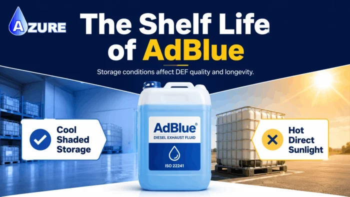 AdBlue DEF container shown between cool shaded storage and hot direct sunlight to illustrate how storage conditions affect DEF shelf life.