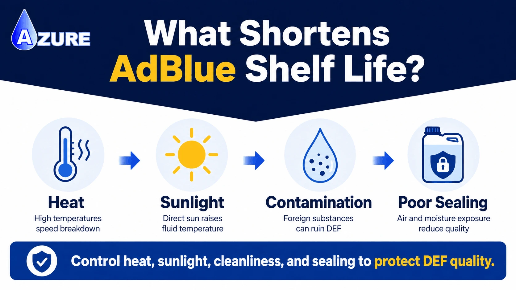 Infographic showing heat, sunlight, contamination, and poor sealing as four major factors that can shorten AdBlue and DEF shelf life.