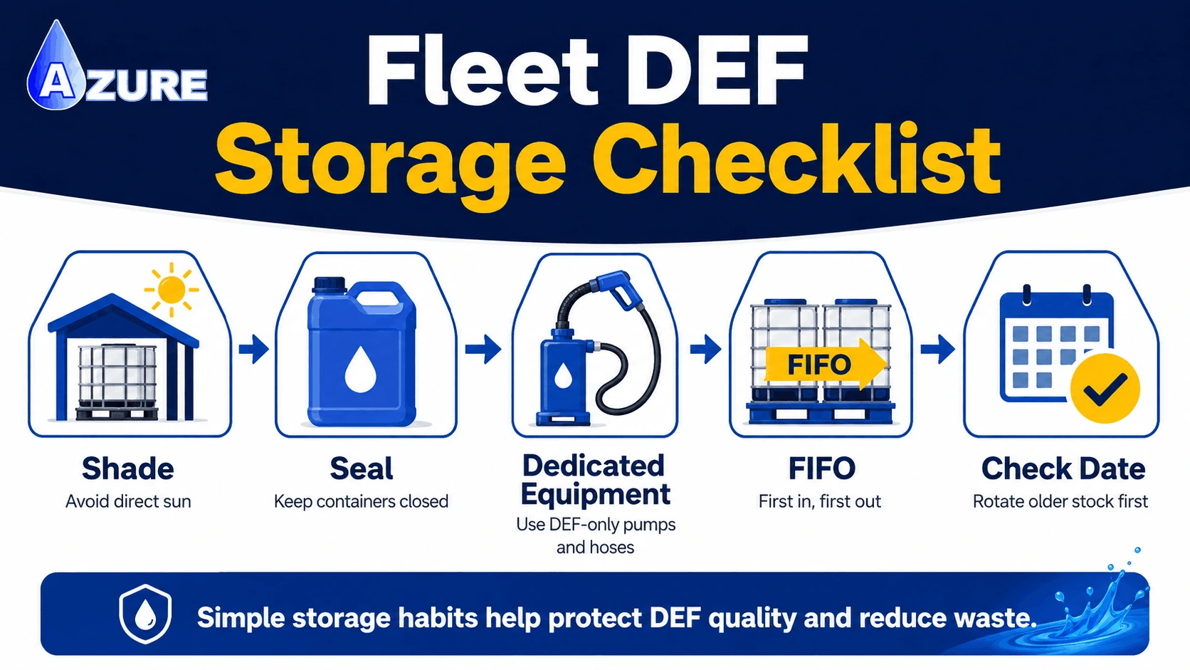 Infographic showing five DEF storage best practices: shade, seal containers, use dedicated equipment, follow FIFO, and check inventory dates.