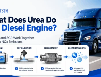 Blue diesel truck with DEF tank, injection system, SCR catalyst, and clean exhaust process explaining what urea does in a diesel engine.