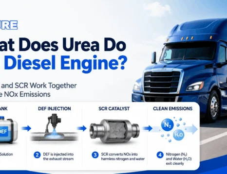 Blue diesel truck with DEF tank, injection system, SCR catalyst, and clean exhaust process explaining what urea does in a diesel engine.