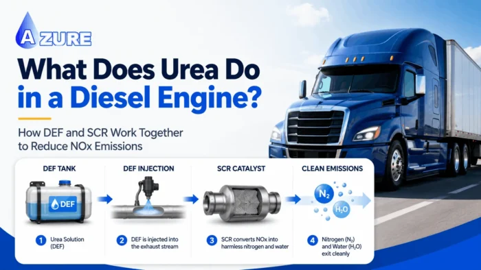 Blue diesel truck with DEF tank, injection system, SCR catalyst, and clean exhaust process explaining what urea does in a diesel engine.