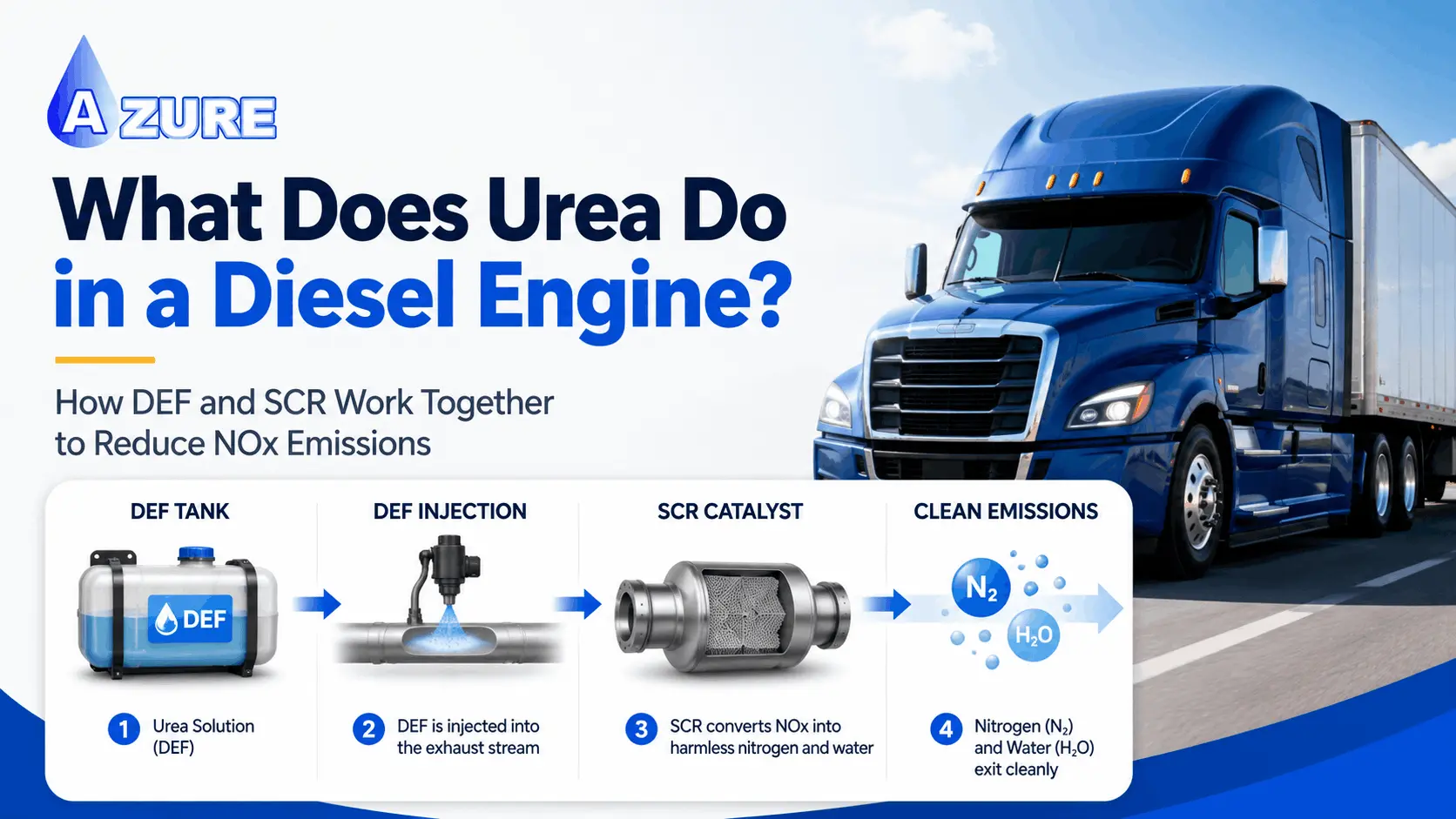 Blue diesel truck with DEF tank, injection system, SCR catalyst, and clean exhaust process explaining what urea does in a diesel engine.