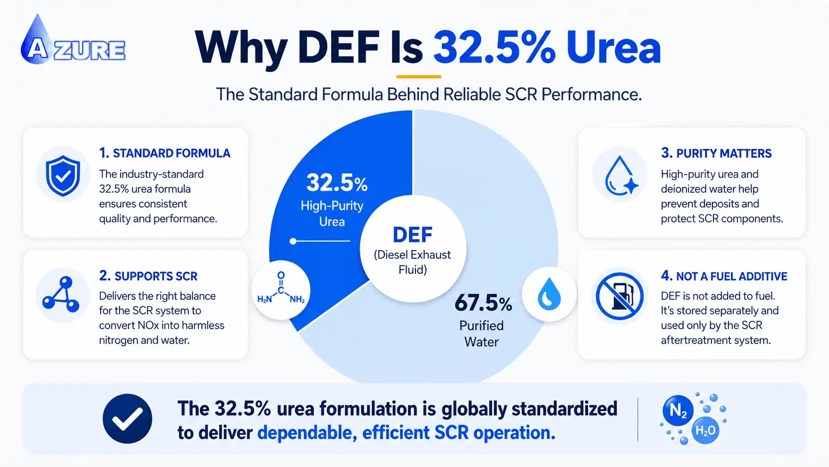 Infographic showing Diesel Exhaust Fluid contains 32.5% high-purity urea and 67.5% purified water for reliable SCR performance.