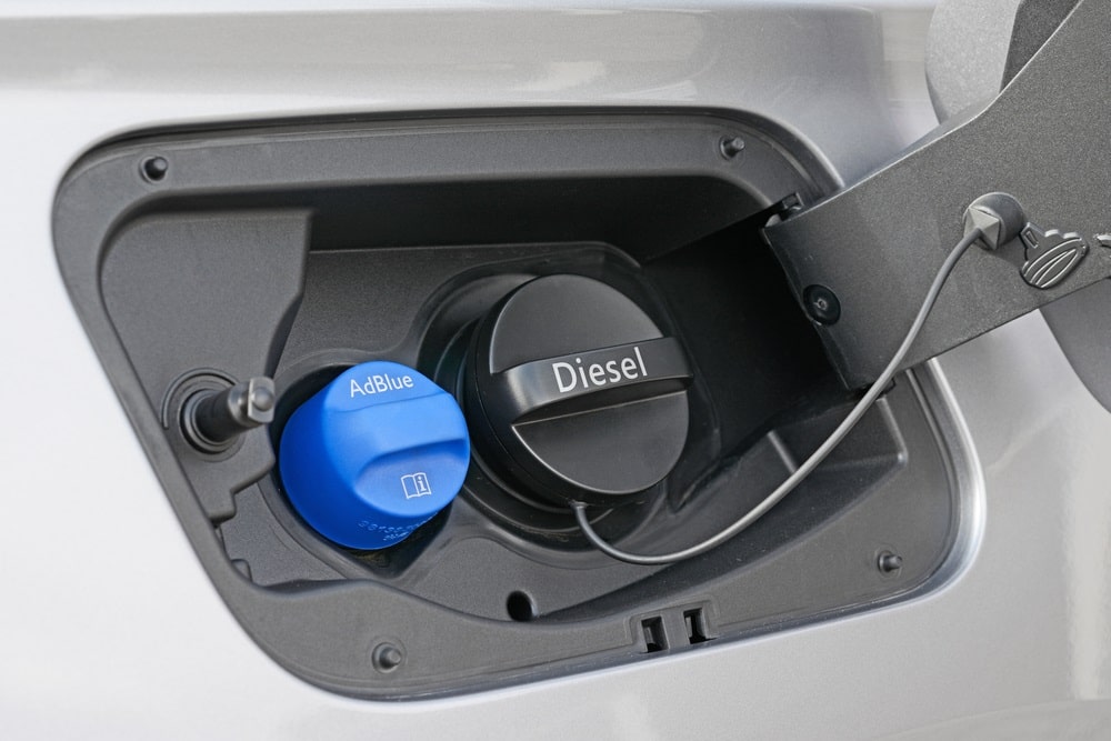 Diagram of a diesel engine illustrating the role of AdBlue in reducing emissions.