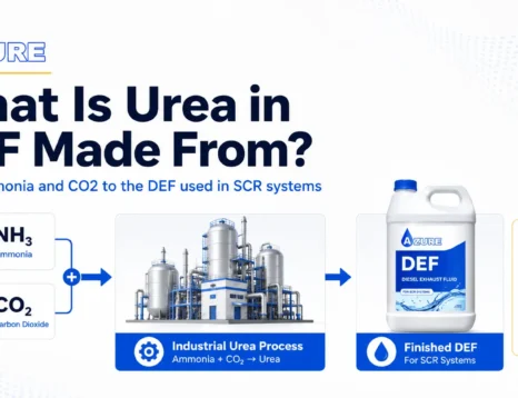 Ammonia and carbon dioxide feeding an industrial urea production process that leads to finished Diesel Exhaust Fluid for SCR systems.