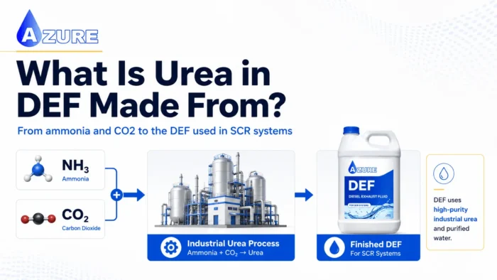 Ammonia and carbon dioxide feeding an industrial urea production process that leads to finished Diesel Exhaust Fluid for SCR systems.