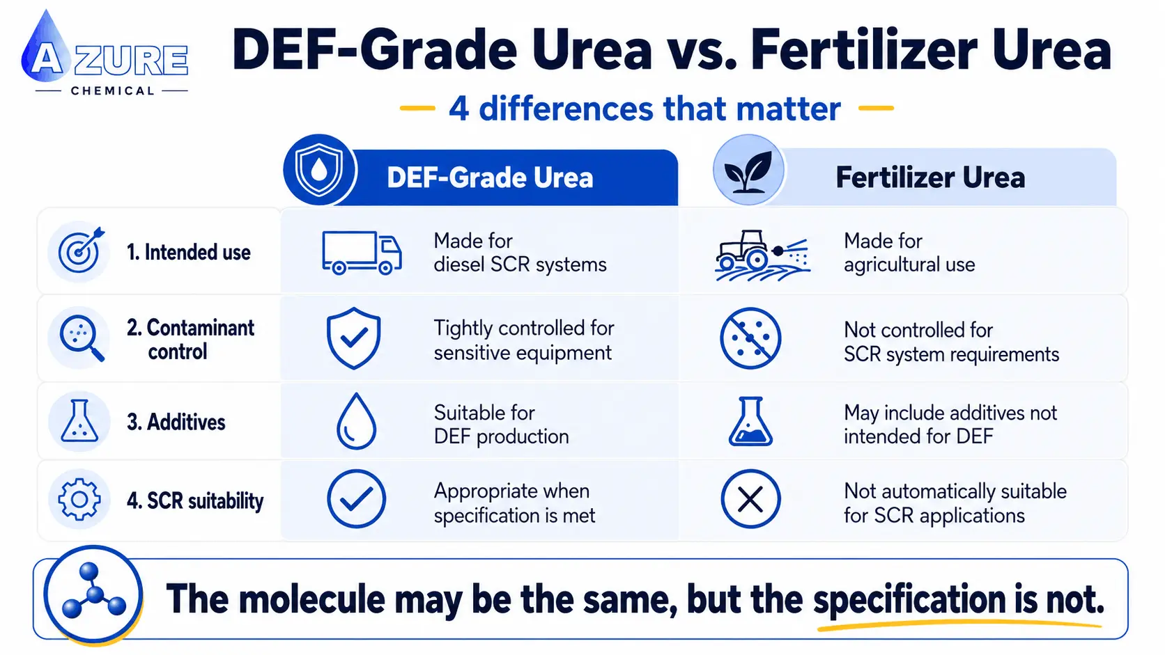 Infographic comparing DEF-grade and fertilizer urea by intended use, contaminant control, additives, and suitability for diesel SCR systems.
