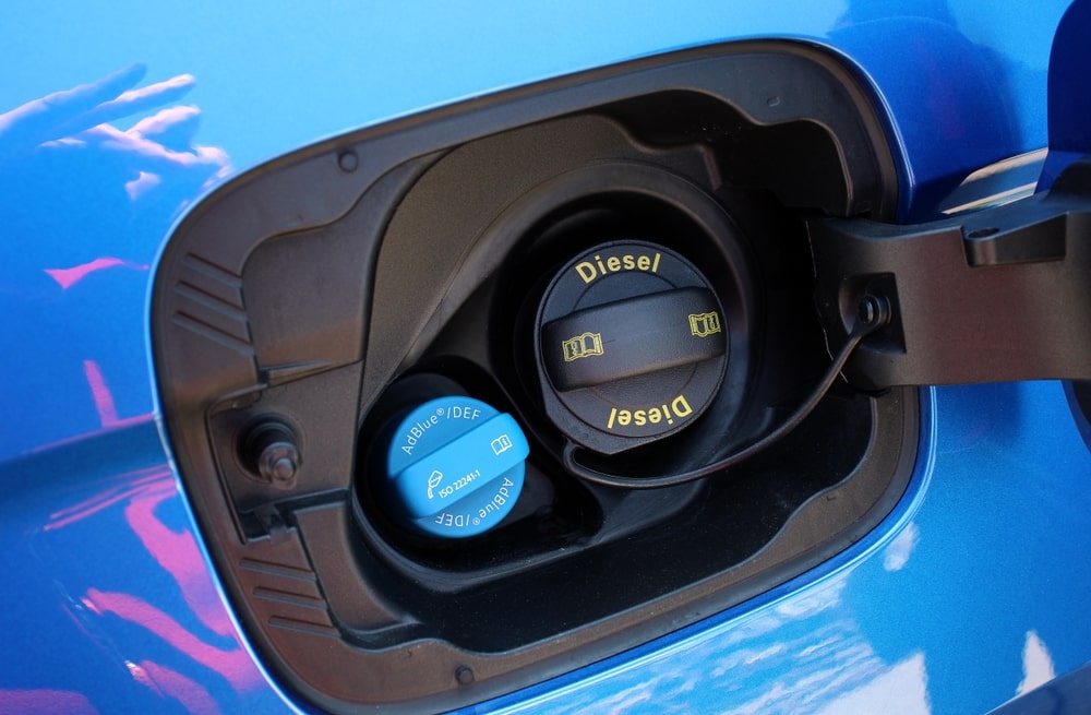 AdBlue system in a diesel car, showing the fluid injection system to reduce emissions and optimize engine performance.