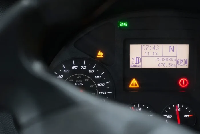 Diesel vehicle dashboard showing an AdBlue warning indicator