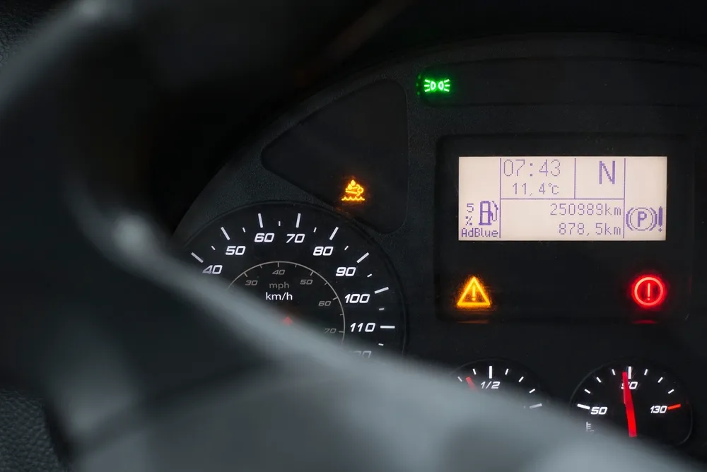 Diesel vehicle dashboard showing an AdBlue warning indicator